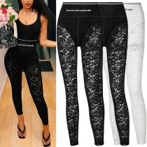 Sexy Hollow Out Lace Spliced High Waist Stretch Leggings