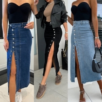Fashion High Waist Slit Hem Front-button Slim Fit Denim Skirt