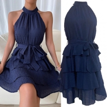 Sexy Solid Color Sleeveless Self-tie Mock Neck Tiered Dress