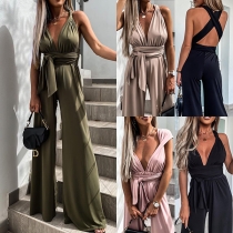 Sexy Solid Color Cross-criss V-neck Wide-leg Jumpsuit
