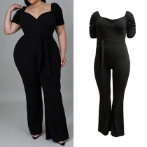 Fashion Solid Color V-neck Self-tie Wide-leg Oversize Plus Size Jumpsuit