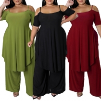 Casual Plus-size Solid Color Two-piece Set Consists of Short Sleeve Open-shoulder Shirt and Wide-leg Pants