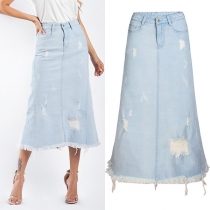 Vintage Old-washed High-rise Distressd Frayed Denim Skirt