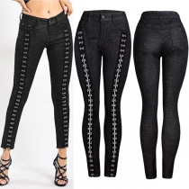 Street Fashion Rivet Button Black Stretch Skinny Denim Jeans
