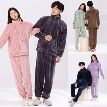 Casual Solid Color Warm Plush Flannel Loungewear Set for Couple