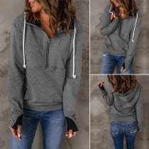 Casual Solid Color Long Sleeve Zipper Drawstring Hooded Shirt