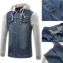 Fashion Drawstring Detachable Hoodie Spliced Denim Jacket for Men
