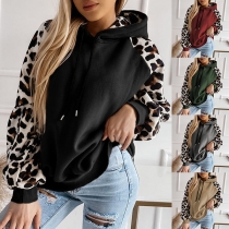 Casual Leopard Print Long Sleeve Drawstring Hooded Sweatshirt