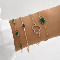Fashion Green Rhinestone Heart Four-piece Bracelet Set
