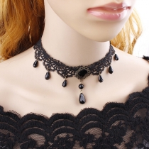 Vintage Crystal Pendant Tassel Lace Choker Necklace