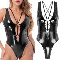 Sexy Criss-cross Backless Artificial Leather PU Lingerie Bodysuit(Size Run Small）