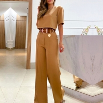 Fashion Solid Color Two-piece Set Consist of Short Sleeve Crop Shirt and Wide-leg Pants without Belt
