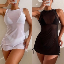 Fashion Semi-through Solid Color Side Drawstring Swimsuit Cover-up Dress