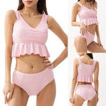 Fashion Pink Bikini Set Consist of Ruffled Swimming Top and High-rise Swiming Bottom