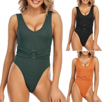 Sexy Solid Color O-ring Cinch Waist Backless One-piece Swimsuit/Monokini