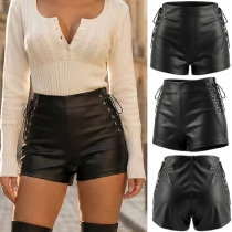 Black Faux Leather Shorts High Waist Stretchy Bootcut Pants