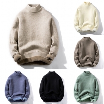 Fashion Solid Color Mock Neck Long Sleeve Plush Lined Knitted Pullover Shirt for Men