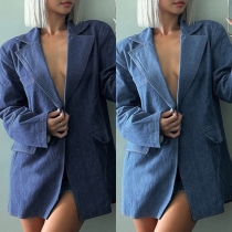 Street Fashion Notch Lapel Long Sleeve Blue Blazer