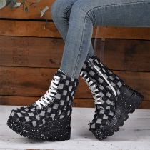 Thick Soled Denim Wedge Heel Martin Boots with Double Side Zippers