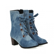 Denim Strap Martin Boots Thick Heel Motorcycle Style Shoes with High Heel