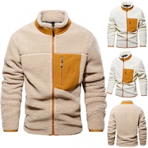 Fashion Contrast Color Stand Collar Long Sleeve Artificial Sherpa Plush Jacket for Men