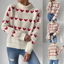 Street Fashion Contrast Color Heart Pattern Mock Neck Long Sleeve Knitted Sweater