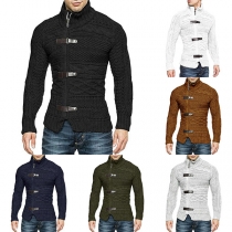 Street Fashion Mock Neck Artificial Leather Buckle Zipper Mock Neck Long Sleeve Knitted Sweater for Men