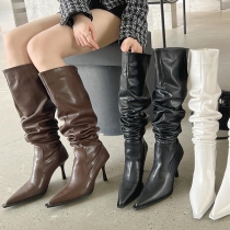 Pointed Toe Stiletto High Heel Mid Calf Boots with Pleated Pile
