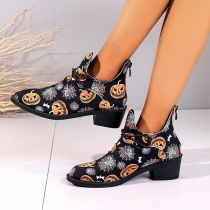 Pumpkin Short Ankle Boots Square Heel Boots with Spider Web