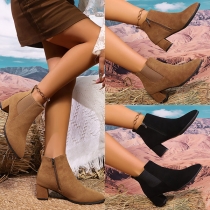 Vintage Solid Color Side Zipper Block Heel Ankle Boots