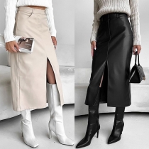 Street Fashion Solid Color High-rise Slit Artificial Leather PU Skirt
