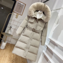 Waist Slim Down Coat with White Duck Down and Faux Fur Collar Trim