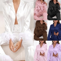 Fashion Feather Spliced Two-piece Loungewear Set Consist of Notch Lapel Shirt and Pants