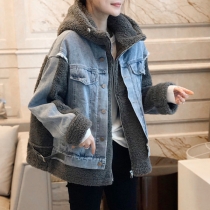 Loose Fleece Denim Jacket Short Hooded Cotton Coat with Thickened Top