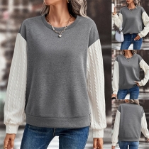 Fashion Contrast Color Knitted Cable Spliced Long Sleeve Round Neck Sweatshirt