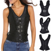 Vintage Jacquard V-neck Sleeveless Front Buckle Back Lace-up Corset Tank Top (Size Run Small）