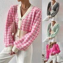 Fashion Houndstooth Pattern Buttoned Long Sleeve Crop Cardigan