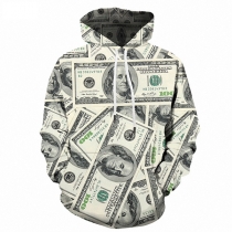 Fashion 3D Dollar Printed Drawstring Hooded Sweatshirt