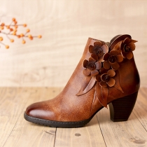 Mid Heel Short Boots with Polished Flower Design