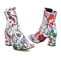 Colorful Square Toe Short Leather Boots with Side Zipper