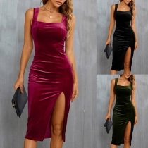 Elegant Solid Color Square Neck Slit Bodycon Velvet Dress