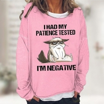 Loose Fit Crew Neck Pullover with Angry Cat Design