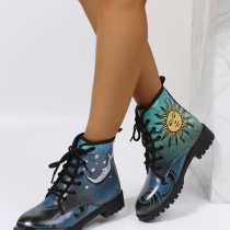 Fashion Sun and Moon Printed Lace-up Artificial Leather PU Ankle Boots