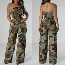 Street Fashion Camouflage Printed Two-piece Set Consist of Smocked Bodice and Straight-cut Pants