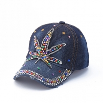 Colorful Rhinestone Maple Leaf Denim Baseball Cap