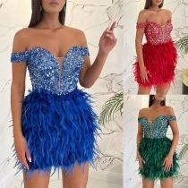 Dazzling One-Shoulder Evening Gown with Sequins and Feather Accents