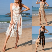 Fashion Hollow Out Crew Neck Sleeveless Tassel Crochet Beach Cover-Up