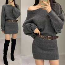 Women's Asymmetric Slant Neckline Sweater Dress - Long Sleeve Batwing Bodycon with Belt
