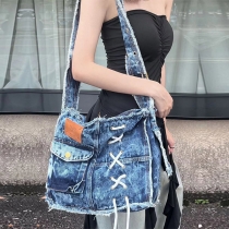 Raw Edge Large Capacity Distressed Denim Messenger Bag