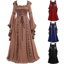 Medieval-Inspired Square Neck Dress: Tie Waist, Trumpet Sleeves
